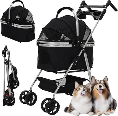 Productafbeelding van Hondenwagen 3-in-1, huisdierenbuggy voor middelgrote honden, inklapbare hondenbuggy tot 20 kg, huisdierentransportbox, hondenwagen met afneembare draagmand en bekerhouder