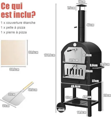 Productafbeelding van Houtskoolpizzaoven - Buitenoven met pizzaspade, pizzasteen, waterdicht dekselglas, schoorsteen en dubbele thermometer, zwart, groot