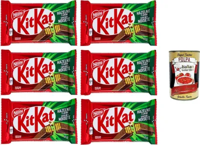 Produktbild von KITKAT Hazelnut Wafer ricoperto di Cioccolato al Latte al gusto Nocciola Haselnusswaffel, überzogen mit Milchschokolade mit Haselnussgeschmack, 6 x 41,5 g + Italian Gourmet polpa 400g