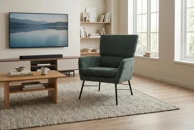 Obrázek produktu pro Křeslo Breeze zelené – moderní čalouněné křeslo do obývacího pokoje nebo ložnice – kovové nohy – pohodlí a design