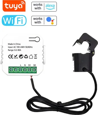 Obrázok produktu pre Meradlo spotreby energie Tuya WiFi s prúdovou svorkou 80 A, monitor spotreby energie v kWh, zariadenie na sledovanie štatistík spotreby elektriny, kompatibilné s Alexa Home pre hlasové ovládanie