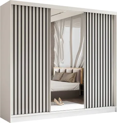 Produktbild von AGMAT Schwebetürenschrank Nevada, Kleiderschrank mit Spiegel und 3 Türen, Moderne Garderobe in Farbe: Weiß, Schrank in Größe: 240 x 216 x 61 cm