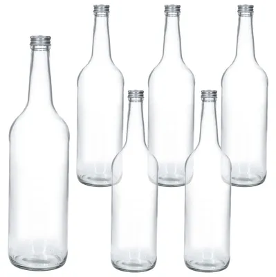 Obrázek produktu pro 6x láhev s rovným hrdlem 1L + šroubovací uzávěr stříbrná 1000ml skleněná láhev na vodu s džusem
