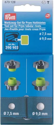 Produktbild von Prym Werkzeug-Set für Hohlnieten mit Ø 7.5 mm und 9 mm, Nieten-Druckknopf-Verschluss, Metall, Grün, Silber, 9 mm, 4 Stück(e), Box