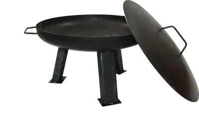 A black metal fire pit with a lid resting open to the side, shown on a white background.