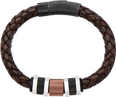 Image de Bracelet en cuir tressé marron pour homme avec une perle en acier inoxydable