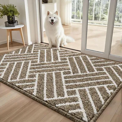 Immagine prodotto di Tappetino antiscivolo per interni ed esterni, 80x120 cm, beige, motivo a righe, in microfibra, lavabile