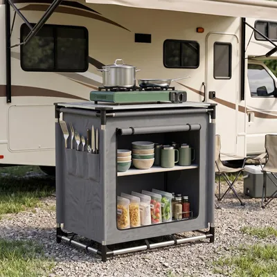 Produktbild von Sekey Campingküche Premium mit Aluminiumgestell und Aluminium-Arbeitsplatte Faltbar 76 x 52 x 77 cm, Grau