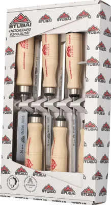 Image de STUBAI 3531 Jeu de ciseaux à bois spéciaux Set de ciseaux à bois avec manche en bois de hêtre blanc, forme suédoise, set de 6 pièces (6, 10, 13, 16, 20, 26 mm), ciseaux à bois pour le travail précis du bois, ciseaux à bois pour menuisier ébéniste bricoleur