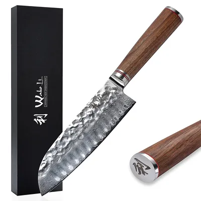 Zdjęcie produktu dla Nóż santoku Wakoli z orzecha damasceńskiego I 17,5 cm ostrze I rękojeść z orzecha włoskiego