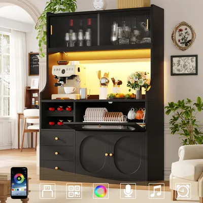 Produktbild von MODFU Küchenschrank mit RGB-Beleuchtung, Hochschrank mit Weinflaschenhalter und Schiebetüren – Moderner Sideboard mit Arbeitsfläche und Schubladen,120x30x180cm,Schwarz