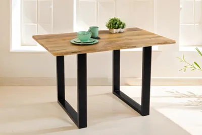 Produktbild von Esstisch Tiger 120 x 80 cm, Mangoholz massiv & naturfarben, Baumkantentisch mit U-Metallgestell in Schwarz, echte Baumkante, Esszimmertisch in Vintage-Optik