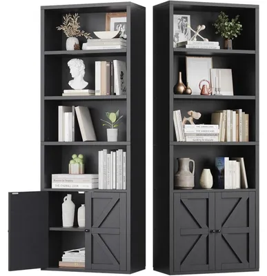 Image de Étagère noire avec 2 portes et 6 étagères, dimensions 55,5 x 23,5 x 181 cm, en bois
