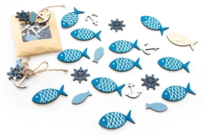 Produktbild von Maritimes Tischdeko Set 36 teilig blau aus Holz zum Streuen - mit Fischen Steuerrädern Ankern