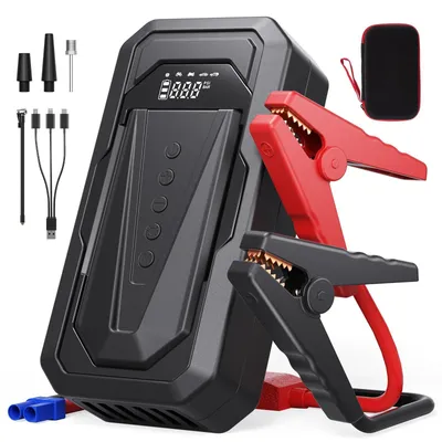 Obrázek produktu pro Startovací pomoc pro auto – powerbanka s kompresorem – špičkový proud 400 A – kompresor 150 PSI – kapacita 5000–8000 mAh – LED indikátor tlaku v pneumatikách – černá