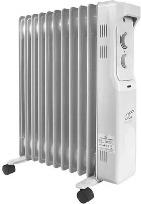A white electric oil heater with 11 fins and wheels, shown from a side-angle.
