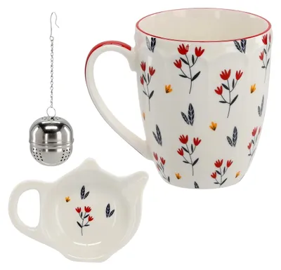 Produktbild von Teeservice: Porzellanbecher mit Sieb und Untertasse für Kräuter, Geschenkverpackung, 350 ml