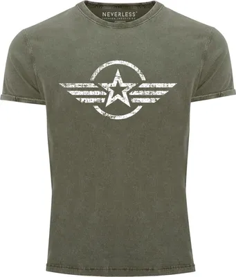 Produktbild von Herren Vintage Shirt Airforce Stern Army Military Aufdruck Printshirt T-Shirt Aufdruck Used Look Slim Fit Neverless® oliv L