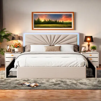 A bedroom scene featuring a large bed with storage drawers and LED lighting, bedside tables, a plant, and artwork on the wall.