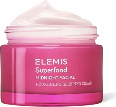 A jar of Elemis Superfood Midnight Facial Nourishing Sleeping Cream.