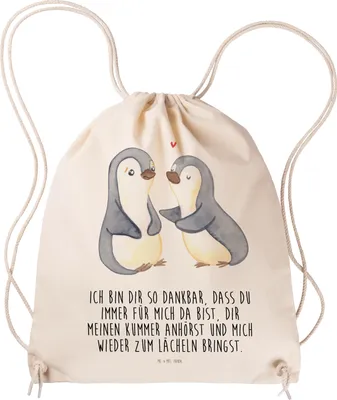 Produktbild von Mr. & Mrs. Panda Sportbeutel Pinguine trösten - Transparent - Geschenk, Stoffbeutel, Freundin, für, Turnbeutel, baumwoll, Säckchen, sporttasche klein, Frauen, Partner