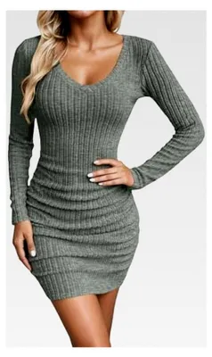 Produktbild von Damen Pulloverkleid Winter Langarm V-Ausschnitt Strickkleid Bodycon Kleid Basic Einfarbig Elegant Freizeitkleid Stretch Bleistiftkleid Cocktail Partykleid