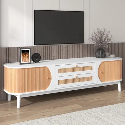 Image de MODFU Meuble TV Design Naturel en Bois Massif avec Portes Coulissantes et Tiroirs - 170x39,5x46 cm - Blanc