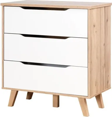 Produktbild von Kommode mit 3 Schubladen – Eiche und Mattweiß – Massive Füße – skandinavisch 80 cm – VANKKA