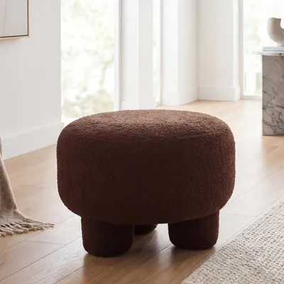 Produktbild von Hocker HWC-Q49, Sitzhocker Ottomane Polsterhocker Pouf, Stoff/Textil Bouclé (200g/m²) 55cm  dunkelbraun