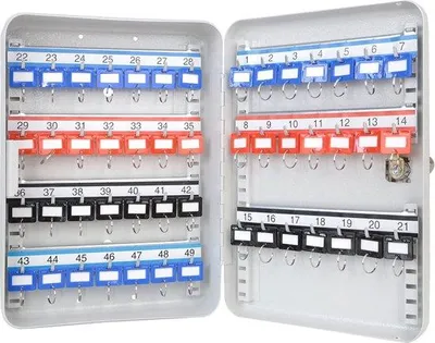 Obrázok produktu pre Skriňa na kľúče 320 x 230 x 75 mm s 49 háčikmi, nastaviteľné lišty na háčiky, svetlosivá, od HMF