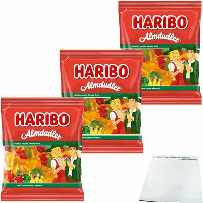 Produktbild von Haribo Almdudler Fruchtgummi mit Kräuter- Himbeer und Holundergeschmack 3er Pack (3x160g Beutel) + usy Block