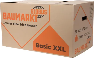 A cardboard moving box with branding and product details printed on it.