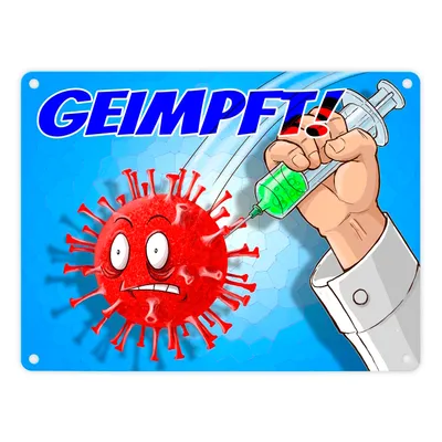 Produktbild von Metallschild in 15x20 cm mit Virus und Spritzen Motiv - Geimpft! Lustiger