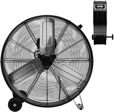 Produktbild von 180W Trommelventilator, Bodenventilator mit 3 Geschwindigkeitsstufen, Standventilator mit 3 Aluminiumflügel, Griff & Rollen für Garage, Lager, Werkstatt & Terrasse, Schwarz
