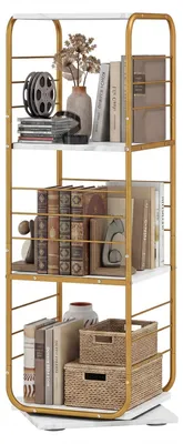 Produktbild von KOMFOTTEU Bücherregal, 360° drehbar, Eckregal mit 4 Ebenen, platzsparend, Metallrahmen, für Büro, Arbeitszimmer, Wohnzimmer, 40 x 40 x 115 cm (Gold und Weiß)