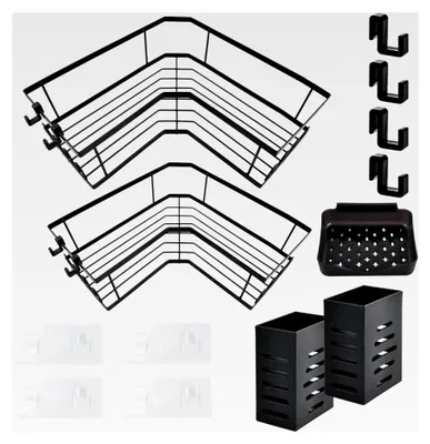 Produktbild von 3 Stück Duschablage ohne Bohren, Eckregal in Schwarz, Badezimmer Organizer mit 2 Becherhaltern und 4 Haken