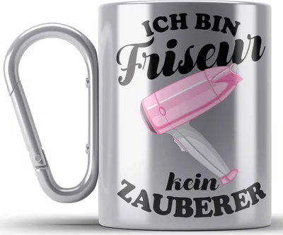 Produktbild von Trendation - Friseur Edelstahl Tasse Karabiner Geschenk Zuebhör Geschenkideen Friseursaloneröffnung Frisörin Edelstahl Tasse Karabinern Karabiner Edelstahl Tasse Karabiner Edelstahl Spruch Friseurin (Silber)