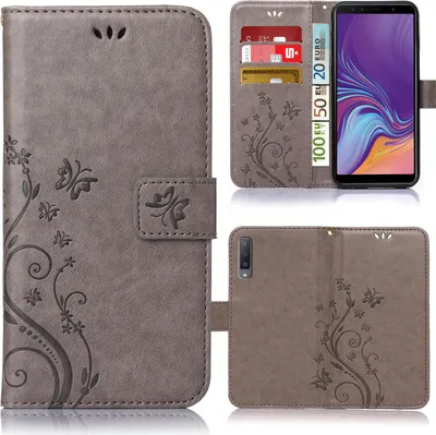 A collage of images showing a grey flip phone case with a floral pattern, a phone inside the case, and the back of the case.