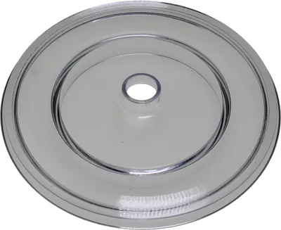 A clear, top-down view of a transparent plastic lid with a central hub.