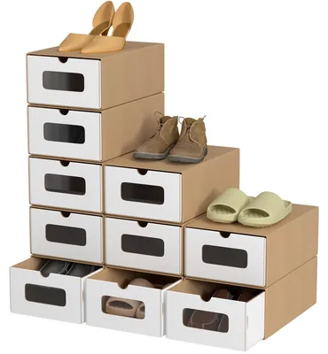 Produktbild von Hengda 10x Schuhboxen mit Sichtfenster Schuhaufbewahrung Aufbewahrungsbox Stapelbar Storage Box Schuhbox Schuhkarton Schuhschachtel Allzweckbox Braun/Weiß