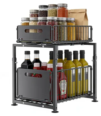 Image de Organiseur de cuisine coulissant - Étagère/panier de rangement à 2 niveaux - Dimensions réglables - Acier - Pour placard/sous l'évier - 1 pièce
