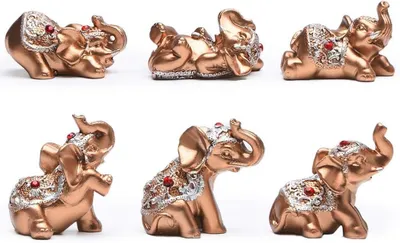 Productafbeelding van Olifanten Beeldjes - Geluksfiguren Rijkdom - Huisdecoratie Kantoor - Set van 6 - 5.1 cm - Goud