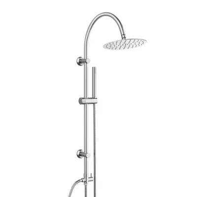 A modern shower system with a round shower head and adjustable shower bar, presented against a plain white background.