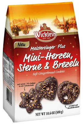 Produktbild von Wicklein Meistersinger Plus Mini-Herzen, Sterne & Brezeln Mandelkrokant Zartbitter 300g