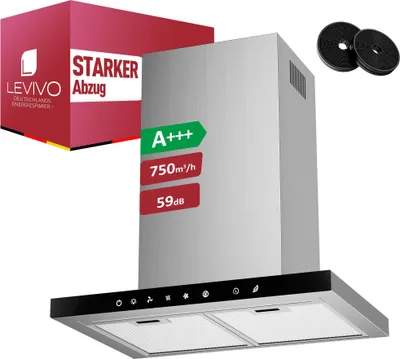 A product shot of a kitchen range hood with marketing labels and accessories.