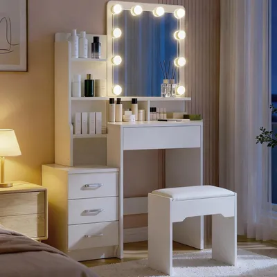 Zdjęcie produktu dla Toaletka z oświetleniem LED i taboretem, 4 szuflady, 6 otwartych półek, kolor biały, wymiary: 87x40x149 cm