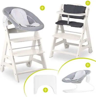 A collage of a white wooden high chair with different accessories, including a newborn set and a tray.