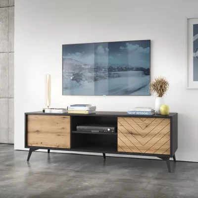 Produktbild von Masseno TV-Schrank DIAMANTE 153,4 cm Fernsehschrank mit 2 Türen TV-Lowboard für Wohnzimmer Modern 153,4x39x49,7 cm Schwarz / Goldfarben