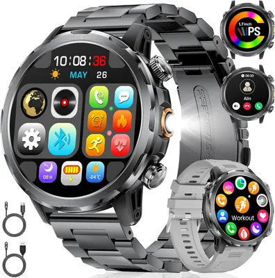 Produktbild von Smartwatch Herren Militär mit 1000 mAh, 100+ Sportmodi, Herzfrequenz, Schlafmonitor, SpO2 LED Taschenlampe, Telefonfunktion