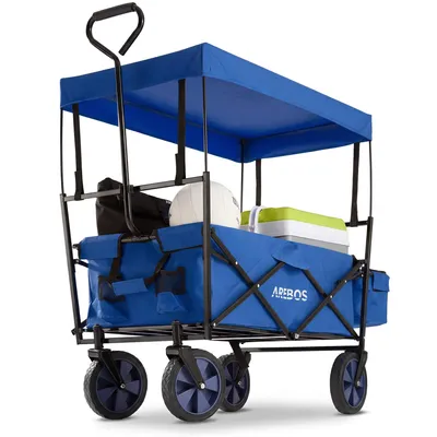 Produktbild von AREBOS Bollerwagen faltbar mit Dach Blau | inkl. 2 Netztaschen & Außentasche